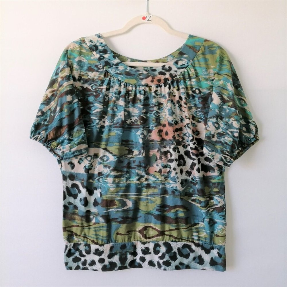 Weavers Womens Multicolor Puff Sleeve Round Neck Animal Print Blouse Top Size L